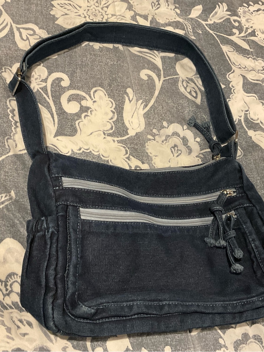 Dark Denim Crossbody Shoulder Bag with Front Zipper Pockets